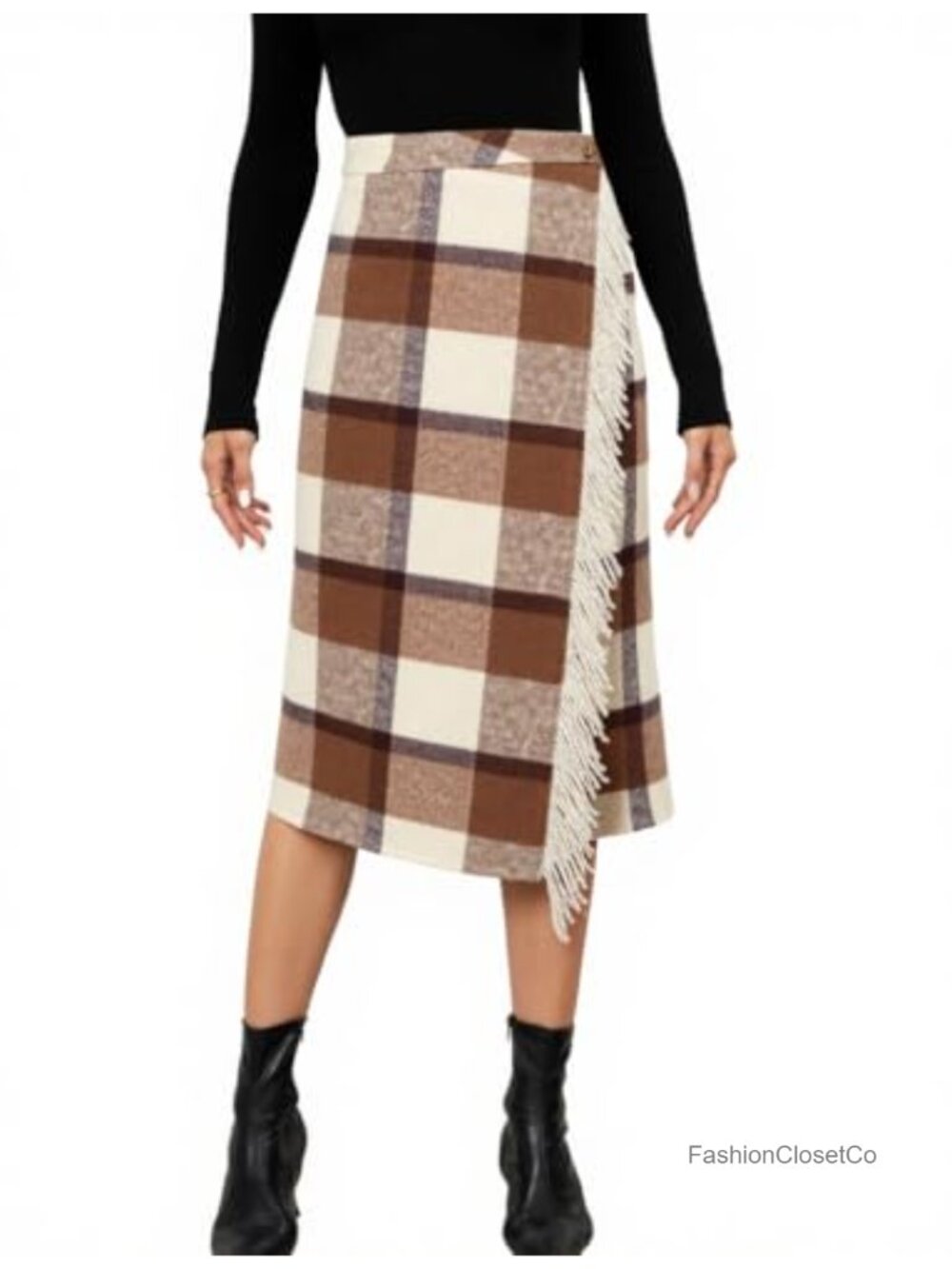 Women's Plaid Fringed Wool Blend Midi Wrap Skirt